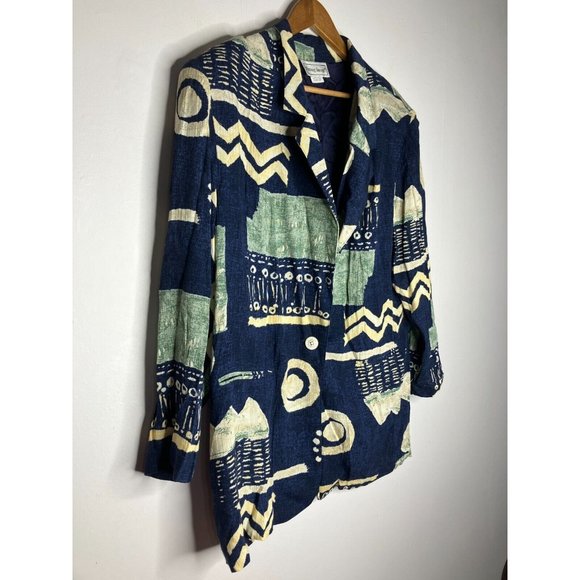 Vintage Fitting Image Women's 1X Blue Geometric Pattern Light Blazer Top - Picture 2 of 10